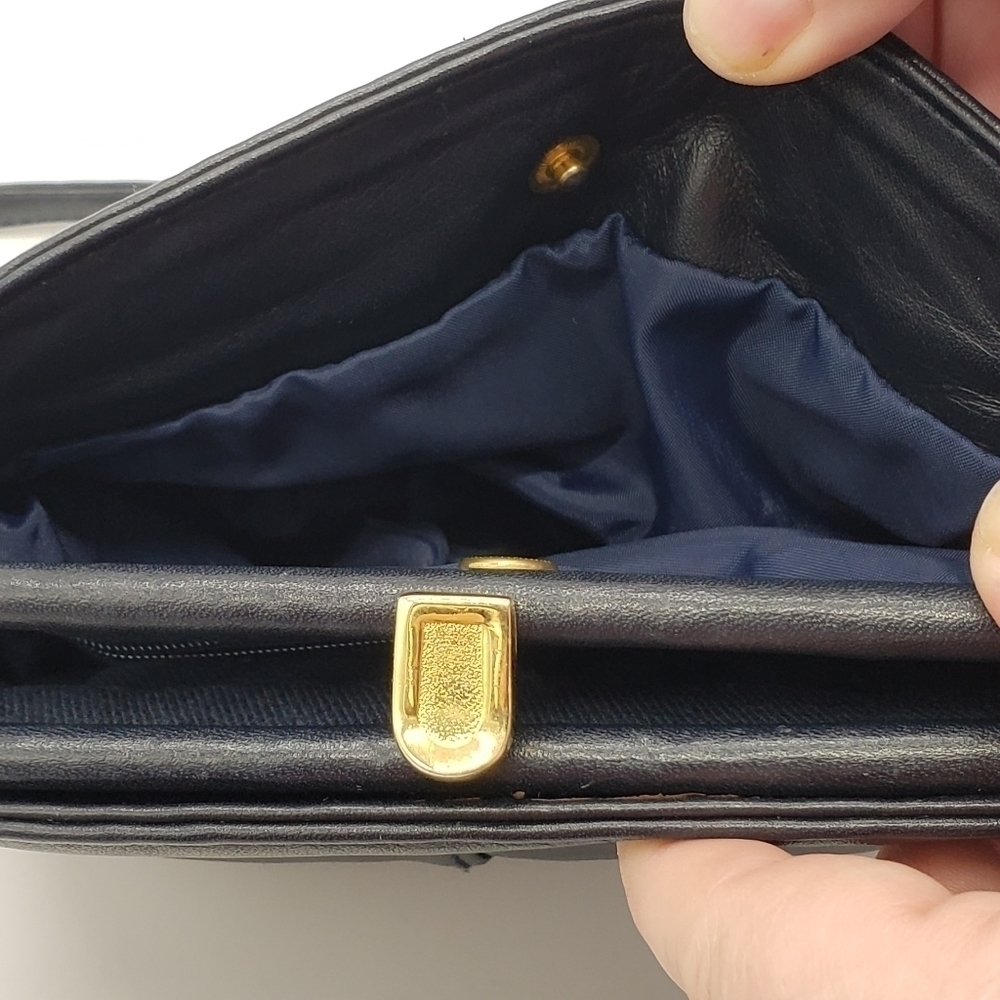 VINTAGE women dark navy blue bag crossbody soft leather 3 compartments lined - Picture 11 of 14
